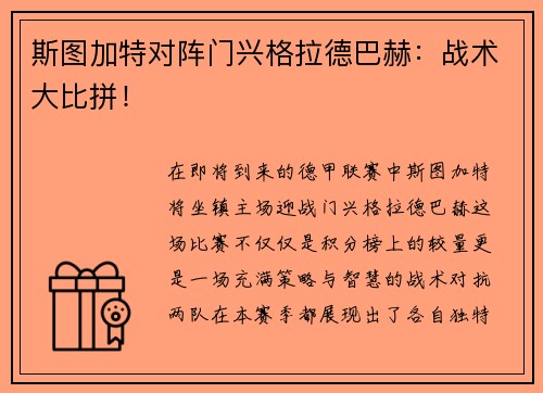 斯图加特对阵门兴格拉德巴赫：战术大比拼！