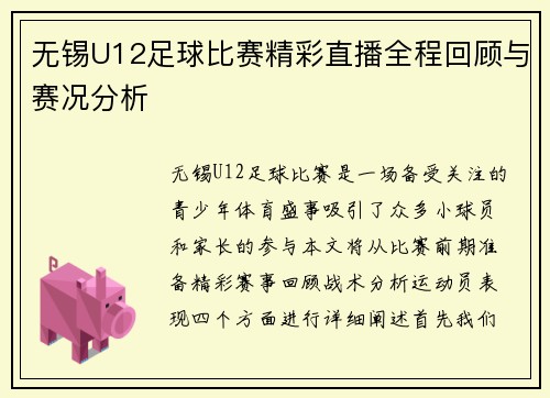 无锡U12足球比赛精彩直播全程回顾与赛况分析